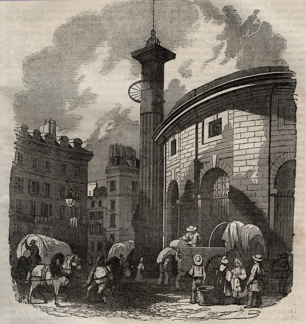 巴黎的halle au ble（建于1763-1769年）和美第奇柱子，19世纪初的雕刻--巴黎的小麦和玉米交易所（建于1763-1769年），19世纪初的雕刻--halle au ble的景观，置于现在的Sois酒店上 作者 法语学校