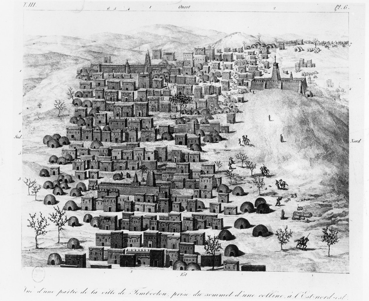 Thobuktoo镇的一部分从东部的小山采取的看法，从Rene Caillie的Voyage a Tombouctou，1830年出版 作者 法语学校