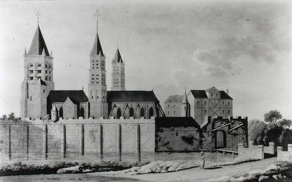 View of the Abbey of Saint-Germain-des-Pres at the start of the 15th century (lithograph) (b/w photo) 作者 法语学校