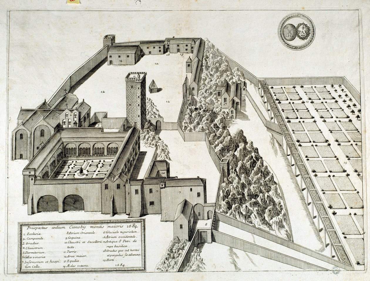 始建于948年的圣皮埃尔-蒙特马约尔（或蒙特马约尔）本笃会修道院景观，法国阿尔勒（雕刻）。 作者 法语学校