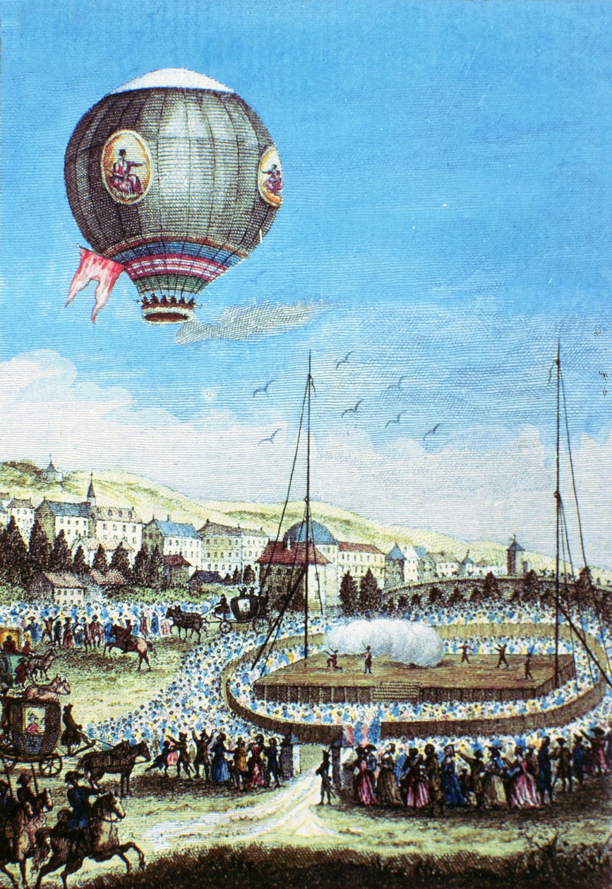 1784年1月10日在里昂的Brolteaux和Montgolfier热气球的第三次飞行（彩色雕刻） 作者 法语学校
