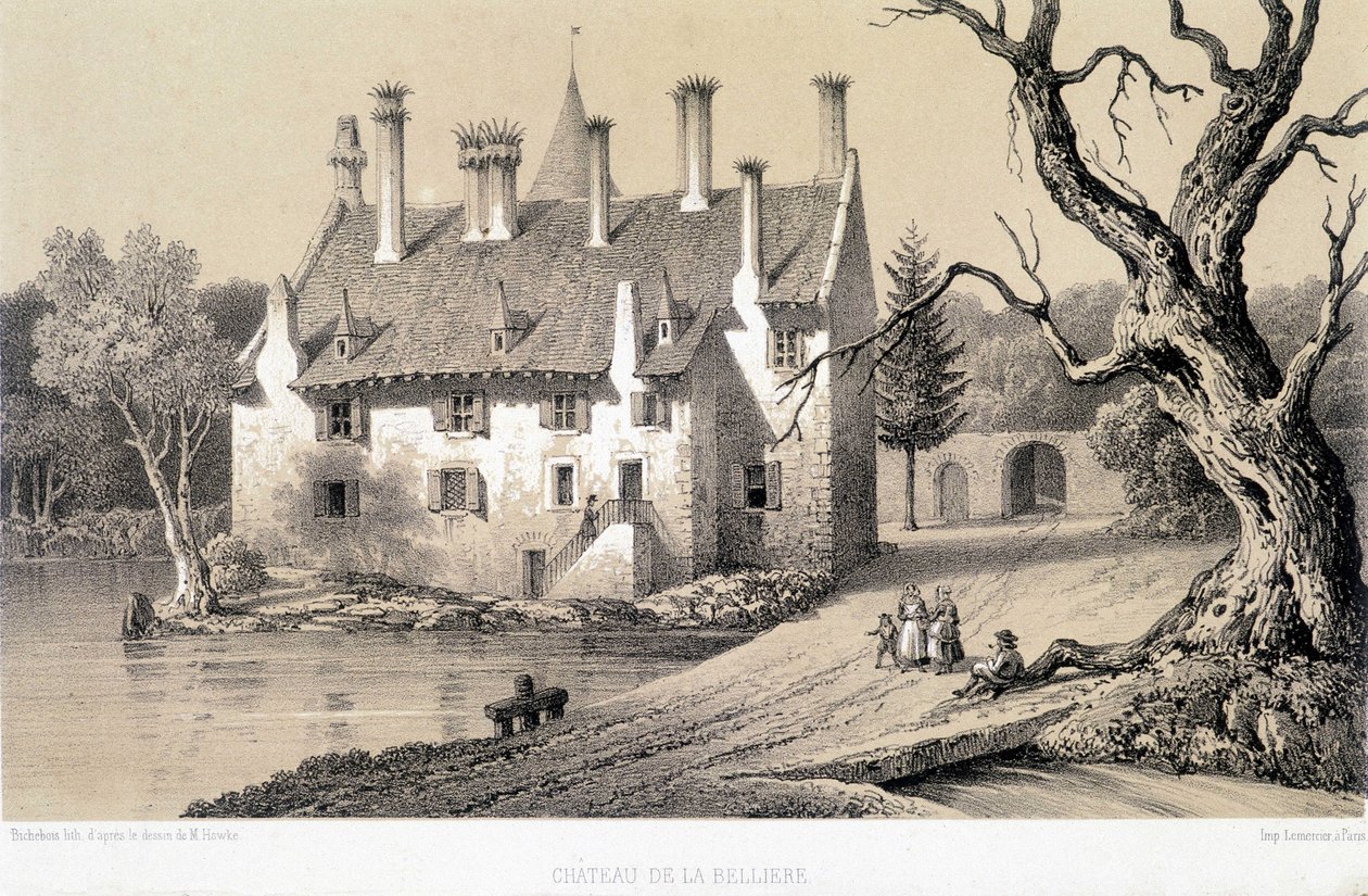 建于 13 和 14 世纪的 Chateau de la Belliere（法国阿莫尔城堡）的景色。 1850 年的版画保存在迪南市图书馆。 作者 法语学校