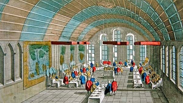1758年在德国法兰克福市政厅为皇帝和萨克森选帝侯举行的晚宴的场景（彩色雕刻） 作者 法语学校