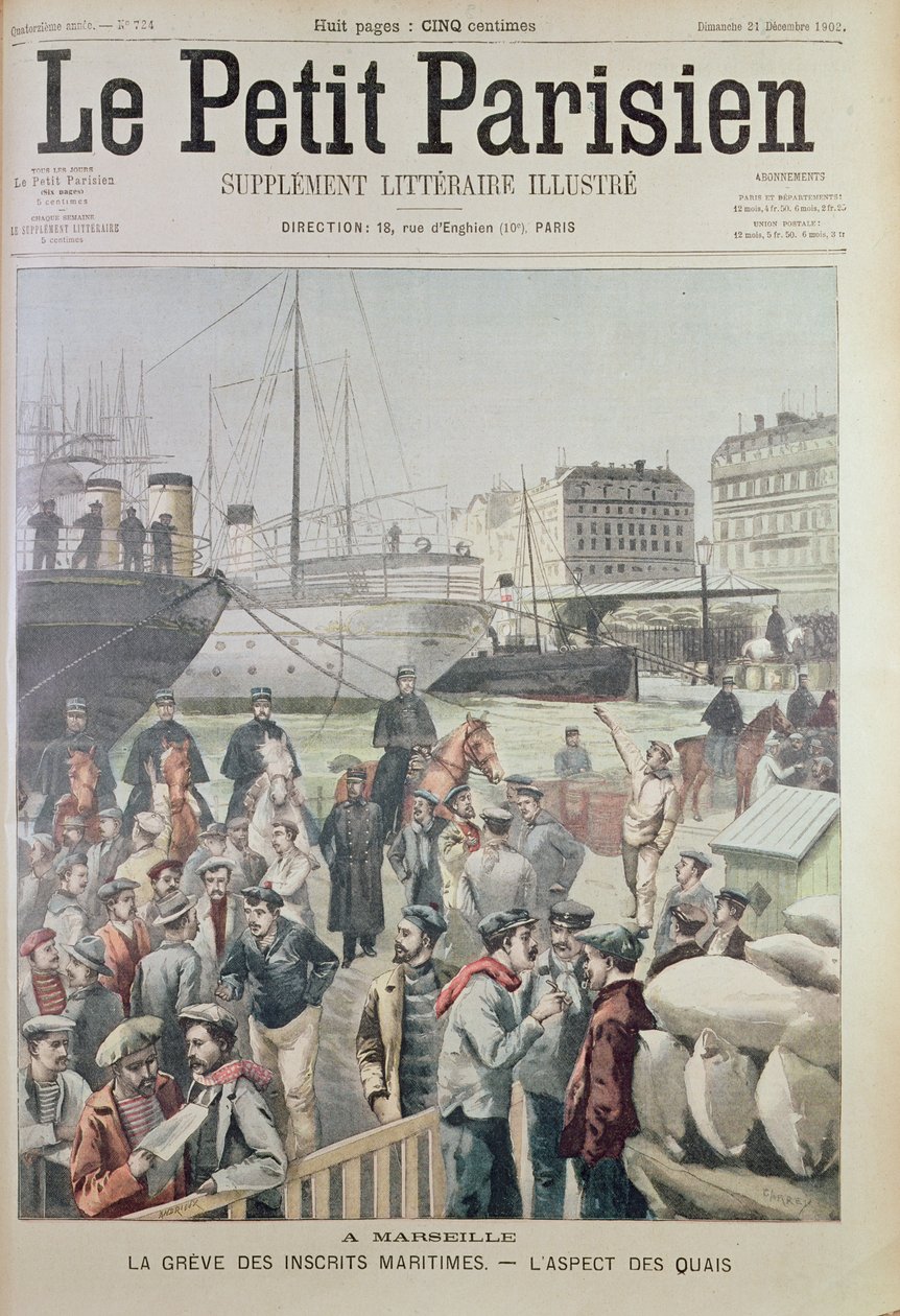1902年12月21日Le Petit Parisien的封面，在海上罢工期间在马赛码头的视图 作者 法语学校