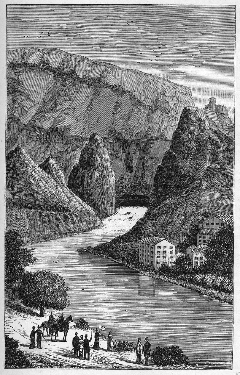 位于普罗旺斯-阿尔卑斯-蓝色海岸地区沃克吕兹省的Fontaine du Vaucluse景观 - Alexis Clerc在 "人人都能接触到的科学--物理学和化学 "中的版画 - 19世纪末 - 私人收藏 作者 法语学校