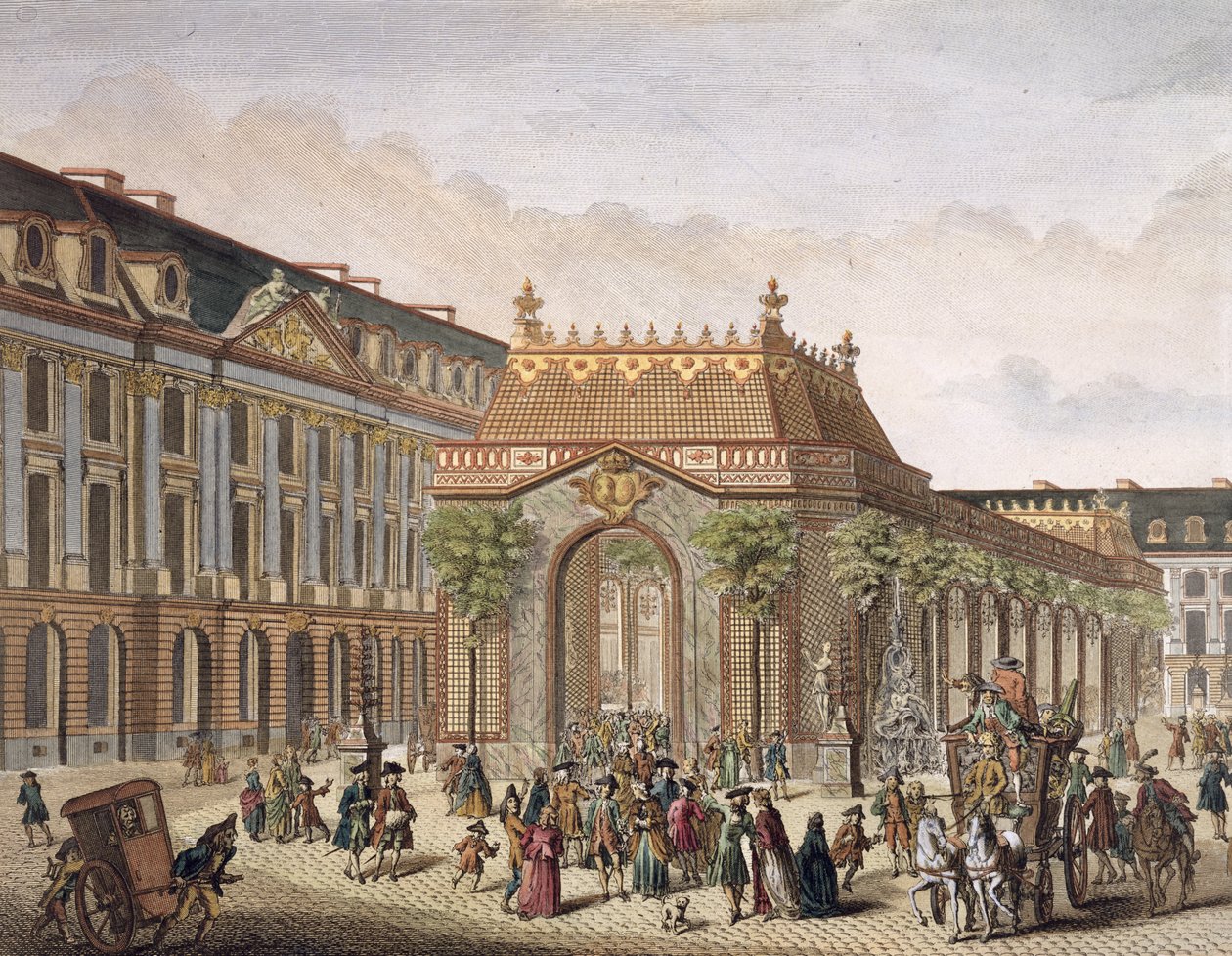 Place de Louis le Grand酒店的景观，其中一间客房是为Monseigneur le Dauphin婚礼而建造的（详情为101866）（彩色雕刻） 作者 法语学校