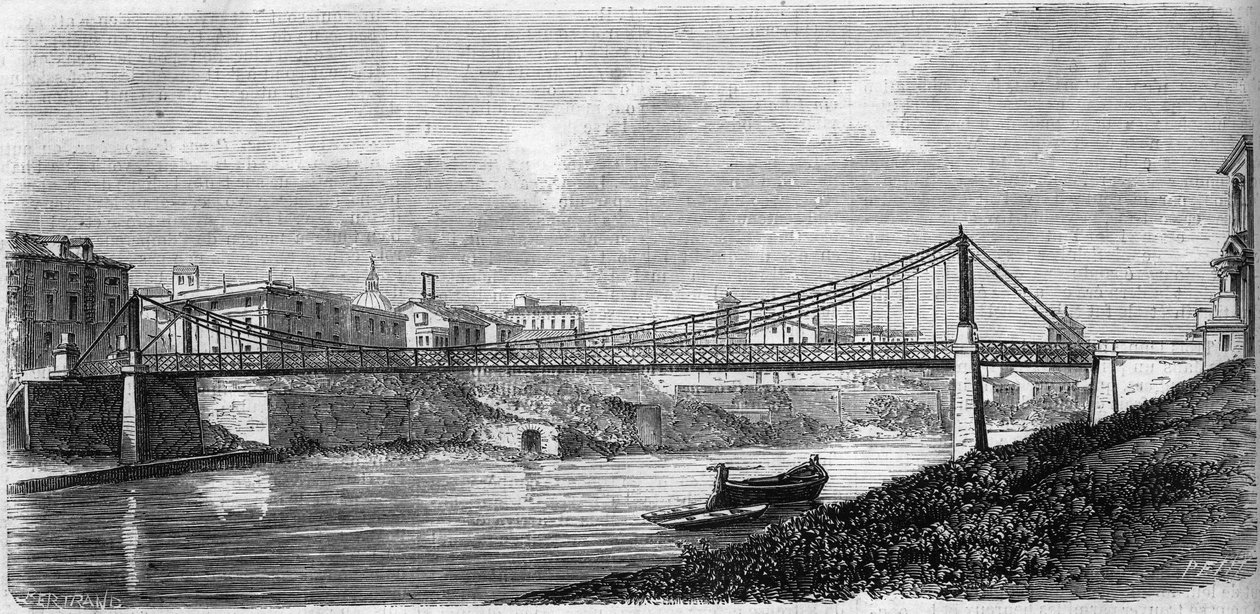意大利台伯河（Tevere）上的圣约翰桥的景色，于1863年落成。这座钢桥是由阿尔方斯-奥德里（1819-1869）设计的。1863年12月19日《世界画报》第349期的版画。 作者 法语学校