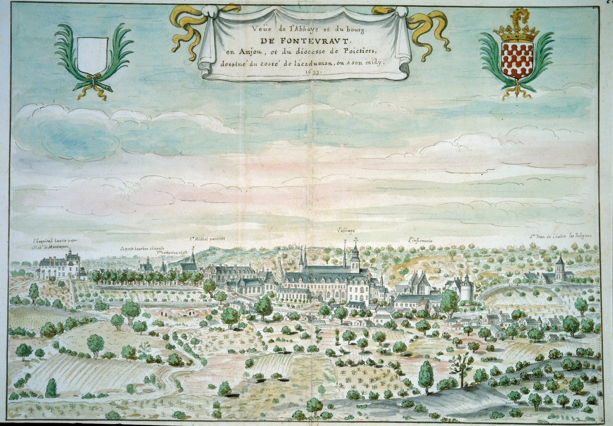 缅因州和卢瓦尔河 Fontevrault (Fontevraud) 修道院的视图来自法国学校的水彩画。 1699 年巴黎，B.N. 作者 法语学校