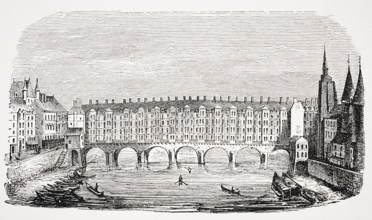 古代Pont-au-Change的视图，来自“巴黎地形”的雕刻，来自Paul Lacroix（1806-84）的“Le Moyen Age et La Renaissance”1847年出版 作者 法语学校