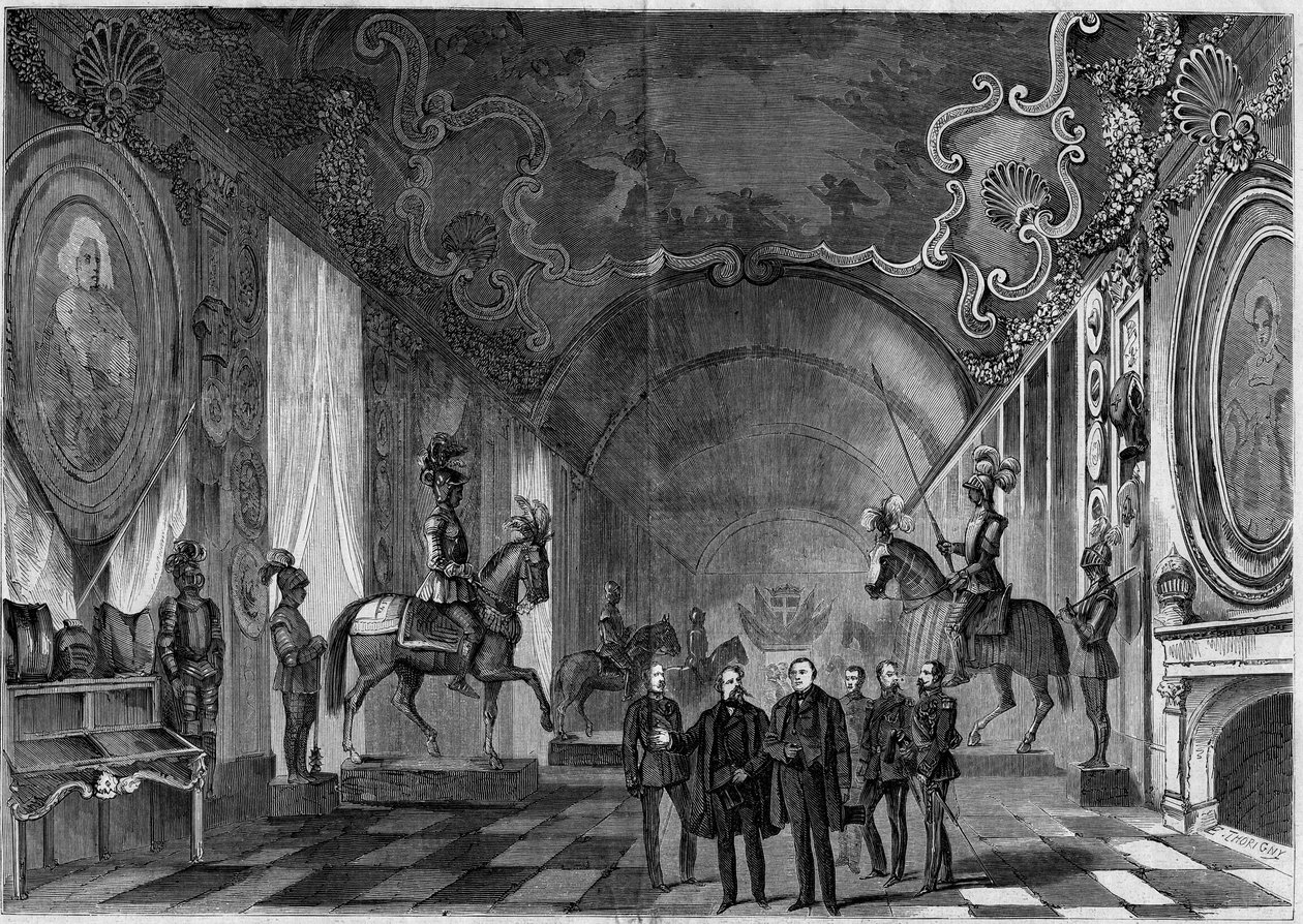 国王维克多-伊曼纽尔二世（Vittorio Emanuele）（维克多-伊曼纽尔）（1820-1878）和拿破仑王子（1822-1891）访问期间，都灵宫（意大利）的武器室景观 作者 法语学校