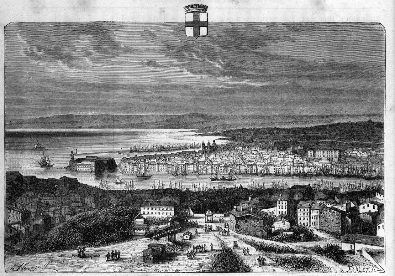 马赛的城市和港口景观。1880年的版画，由 "La republique illustrstree "私人收藏。 作者 法语学校