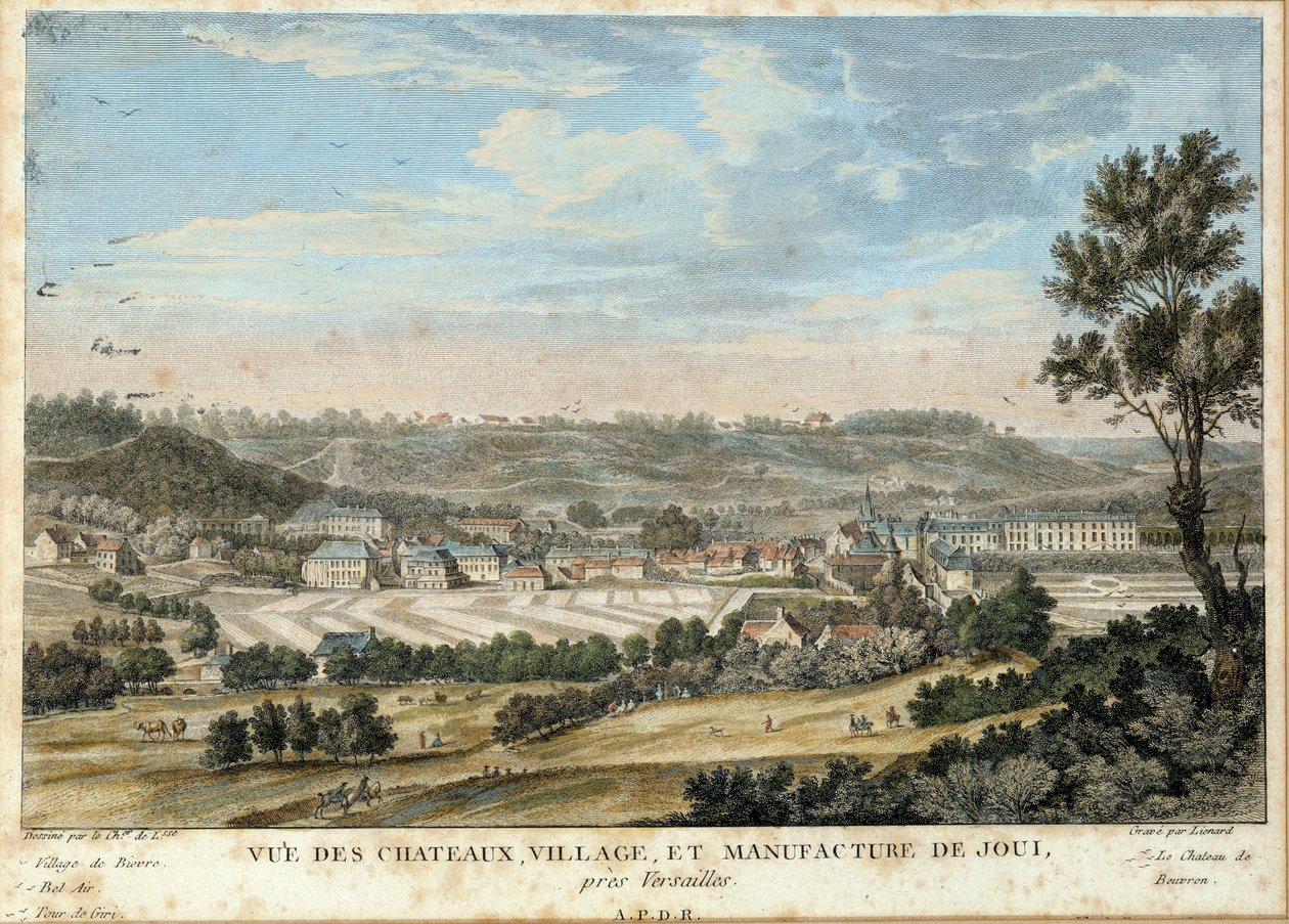 Christophe Philippe Oberkampf（1738-1815 年）在伊夫林省 Jouy en Josas（安装于 1758 年）绘制的城市和帆布厂风景图 1800 年石版画，法兰西岛博物馆 作者 法语学校