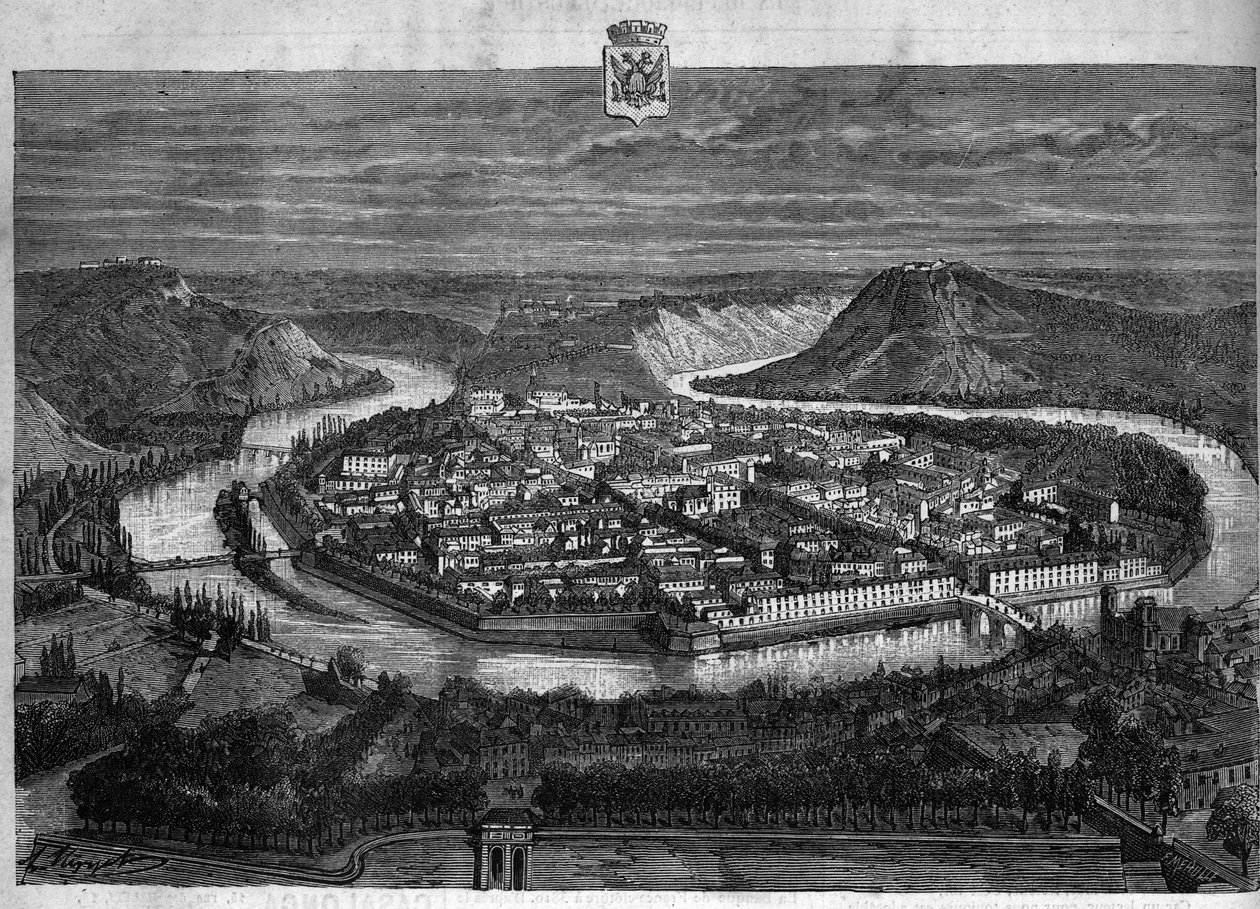 杜斯河畔的贝桑松市的景色。1880年的版画，由 "La republique illustrstree "私人收藏。 作者 法语学校