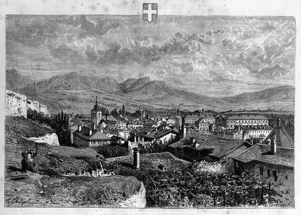 萨瓦省张伯伦市的景色。1880年的版画，由 "La republique illustrstree "私人收藏。 作者 法语学校