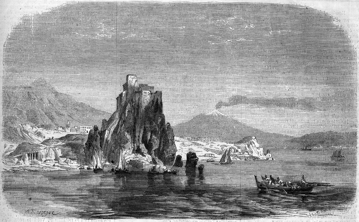 西西里岛墨西拿底特律的 "Charybde "和 "Scylla "的岩石景观。 作者 法语学校