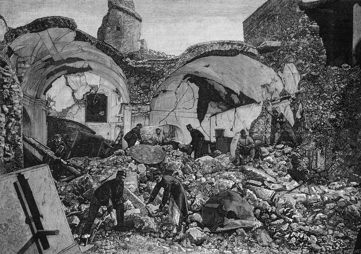 伊斯基亚岛（意大利）在1881年地震中被毁的炼狱教堂废墟的景色。奎斯内尔的雕刻作品，载于1881年4月9日的《图解世界》第1254期。 作者 法语学校