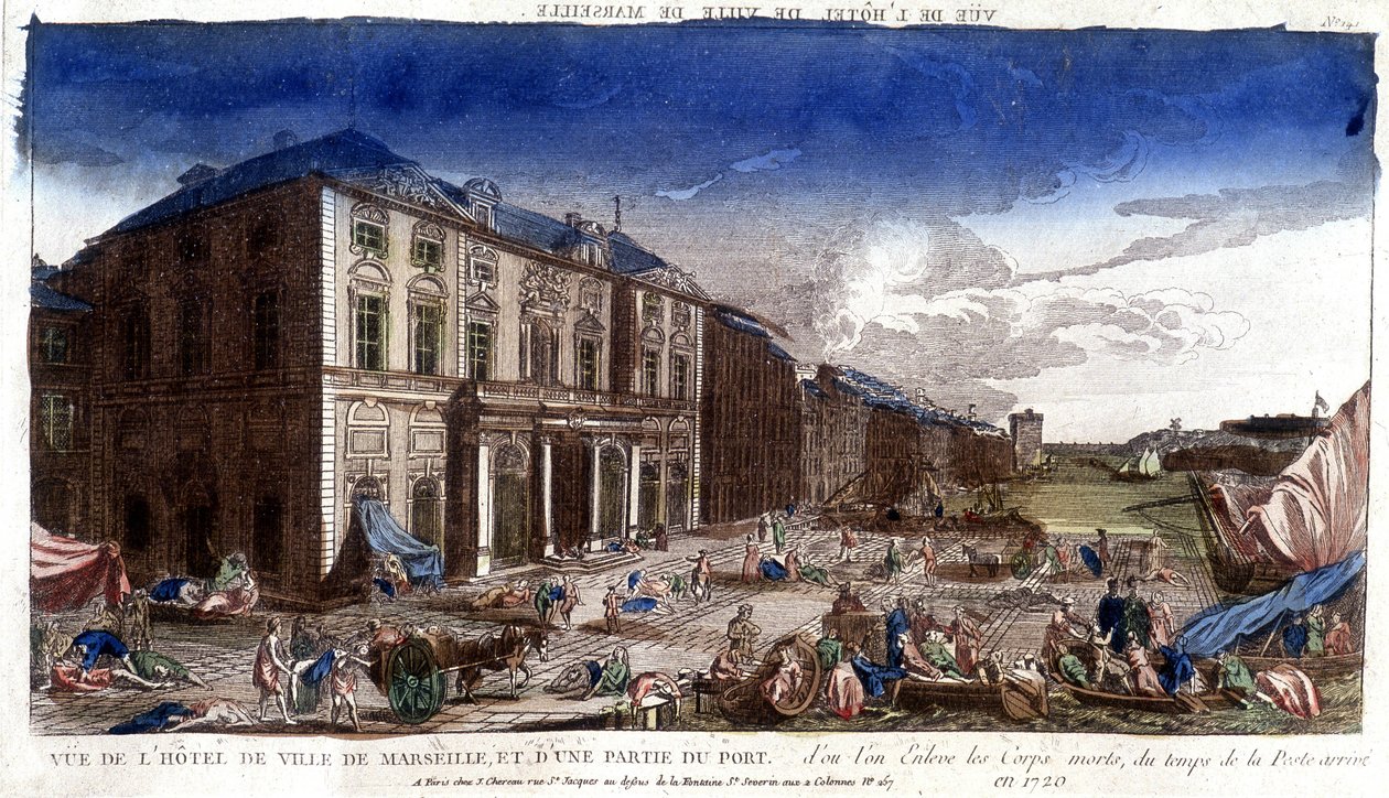 马赛市政厅和港口的一部分，1720 年瘟疫时期的尸体从那里运来 - 雕刻 作者 法语学校