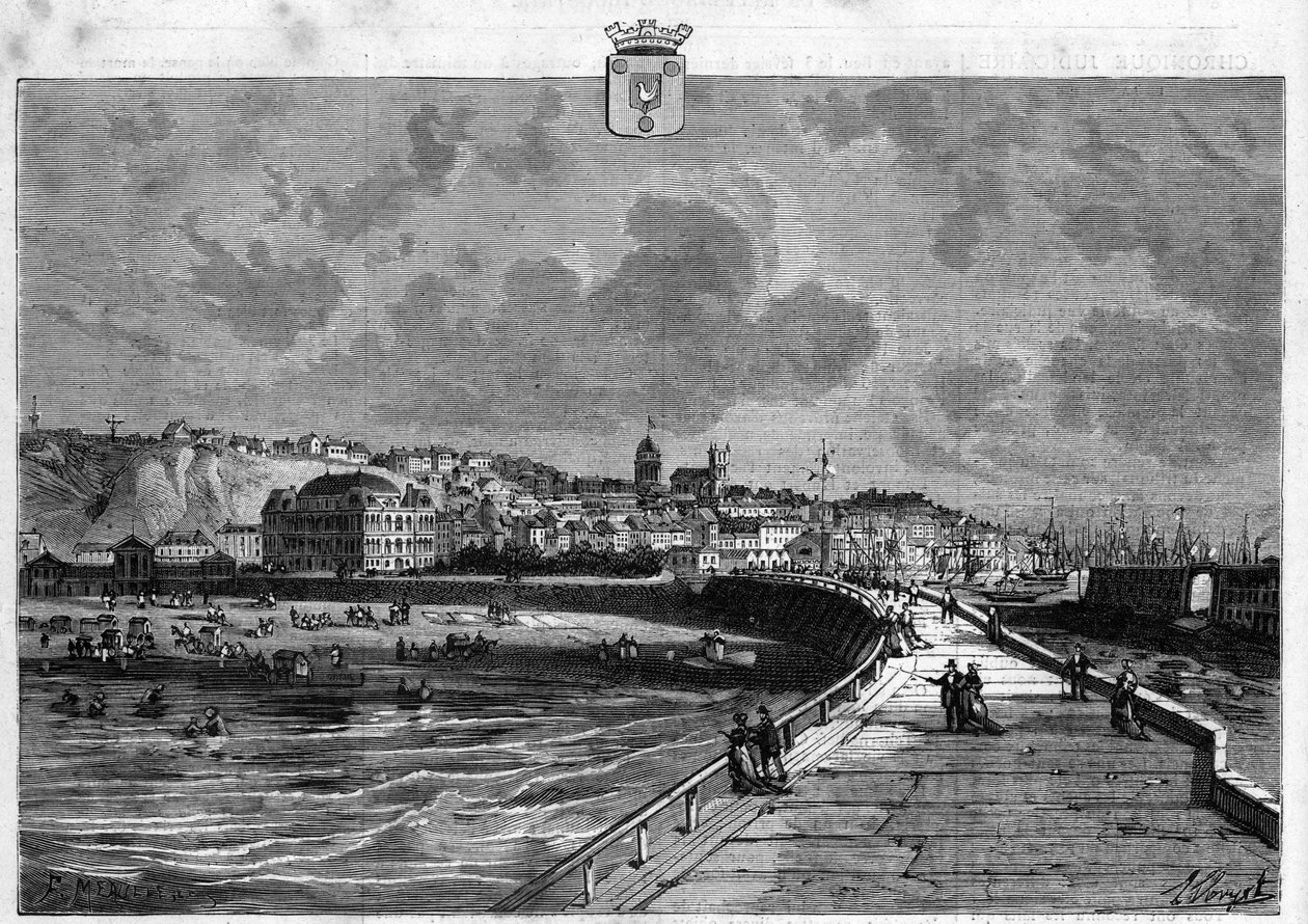 加来海峡的布洛涅镇的景色。1880年的版画，由 "La republique illustrstree "私人收藏。 作者 法语学校