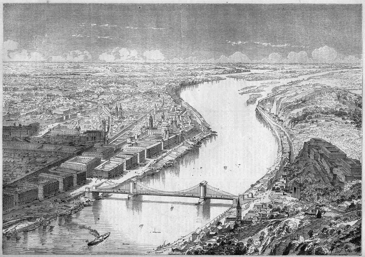 Views of the city of Pesth (Pest), capital of Hungary, in 1861, and of the Szechenyi Bridge, or Chaines Bridge, built between 1840 and 1849. Engraving in “” Le Monde Illustré”” n°229 of 31 August 1861. 作者 法语学校
