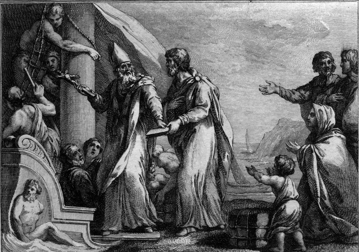 圣-热尔曼（Saint Germain the Auxerrois）对英国的访问，约430年。圣热尔曼（约378-448年），欧塞尔维克，他来反对被认为是异端的佩拉纠主义。18世纪的雕版画。 作者 法语学校
