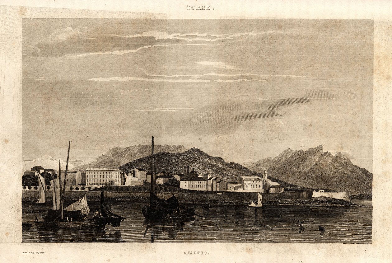 科西嘉岛阿雅克肖的景色，1836年的雕刻作品。 作者 法语学校