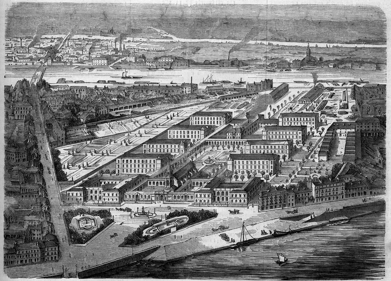 南特的迪厄酒店（Hotel-Dieu）的外景，1863年落成。这家医院在1943年的一次轰炸中几乎被完全摧毁。卢瓦尔河大区（44）。1863年12月5日在《世界画报》第347期上的版画。 作者 法语学校