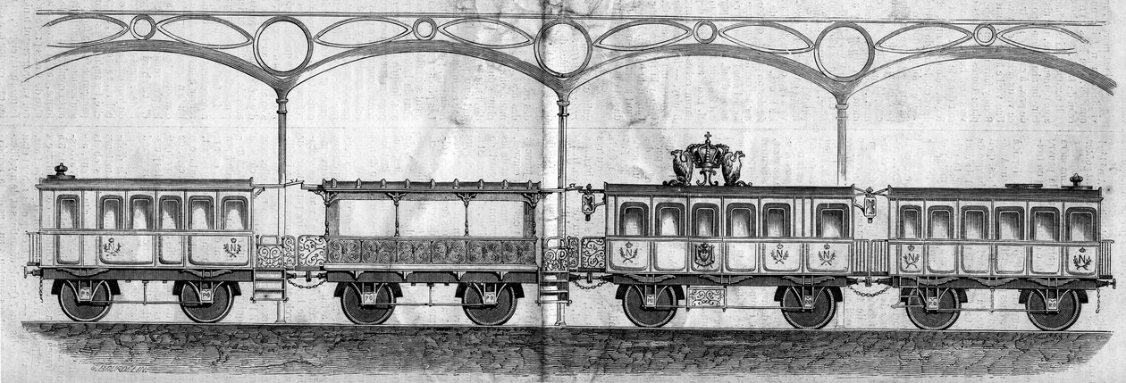 1858年，拿破仑三世（1808-1873）皇帝在从巴黎到瑟堡的旅途中乘坐的马车。1858年8月14日《世界画报》第70期上的版画。 作者 法语学校