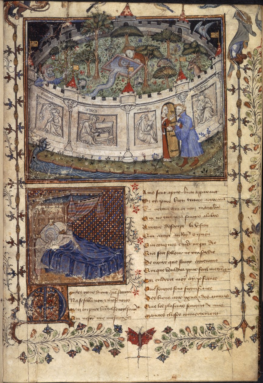 米斯爵士的围墙花园，选自《Le Roman de le Rose》，约 1400 年（牛皮纸）。 作者 法语学校