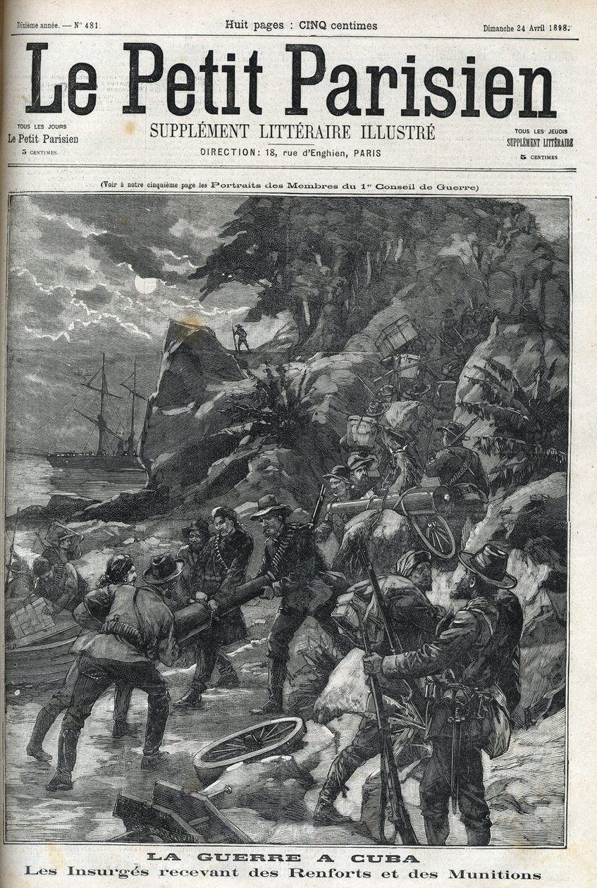 古巴的（独立）战争。叛乱者接受援军和弹药。古巴人于1895年起来反对西班牙的统治，战争在美国人的帮助下于1896年结束。"小巴黎人", 24/04/1898. 作者 法语学校
