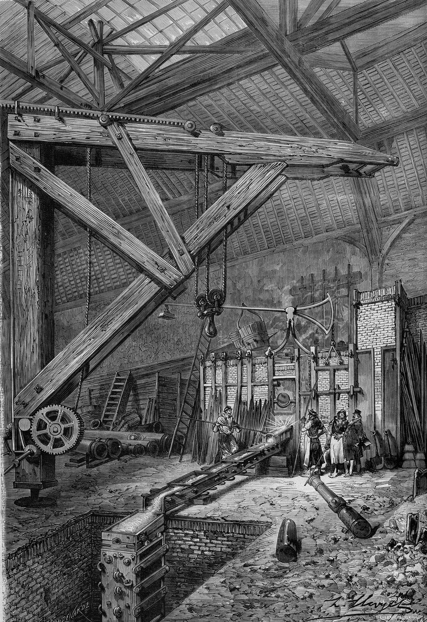 1870年的战争--巴黎总部：由报纸读者资助的 "Petity Moniteur "大炮的熔化，在巴黎Broquin和Laine先生的工作室进行。1871年2月4日《世界画报》第721期上的版画。 作者 法语学校