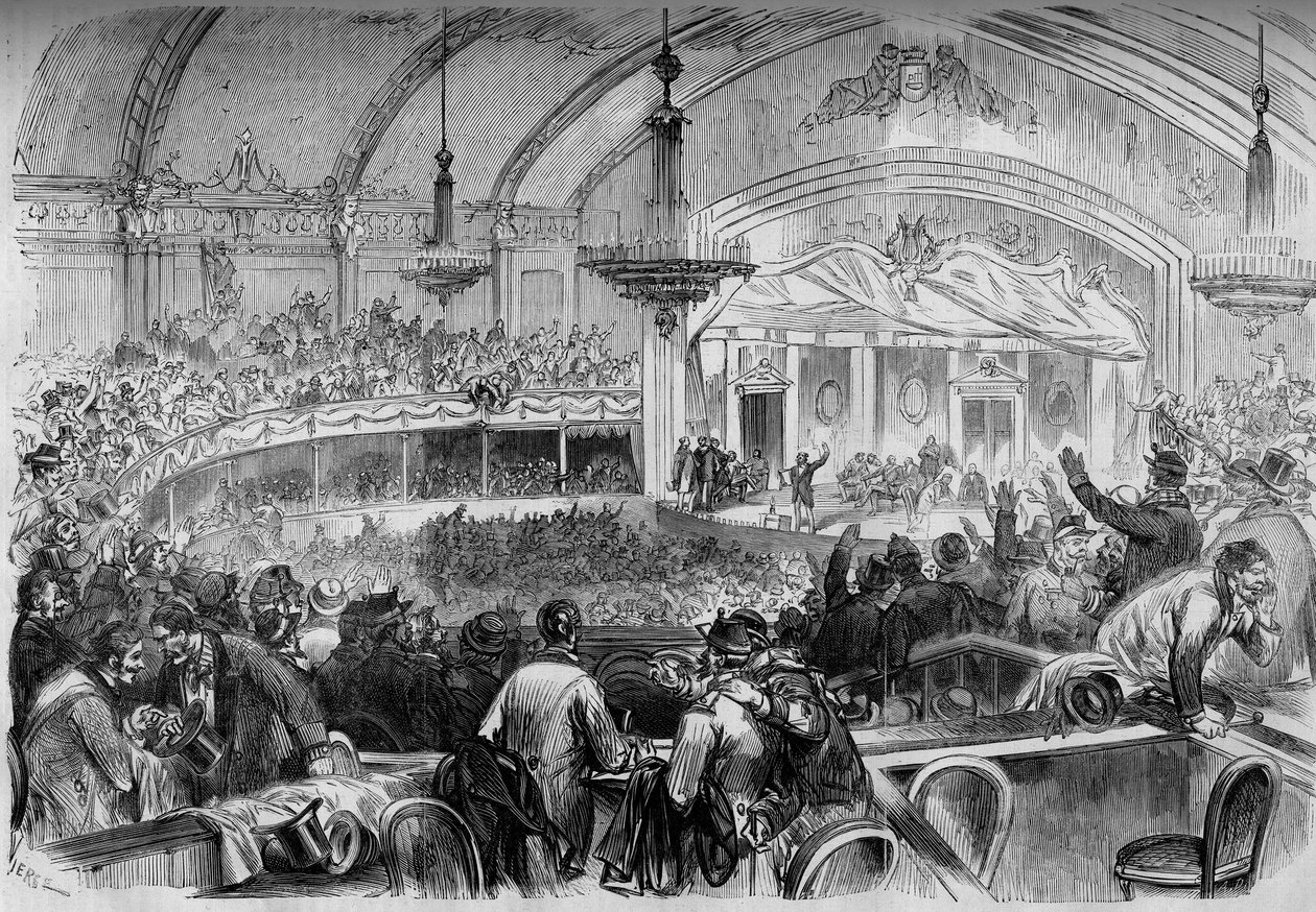1870年战争--停战期间的立法选举--1871年2月：在巴黎的Cabaret des Folies Bergeres举行选举会议，宣布国民议会的候选人。刊登在187年2月11日《世界画报》第722期的版画 作者 法语学校