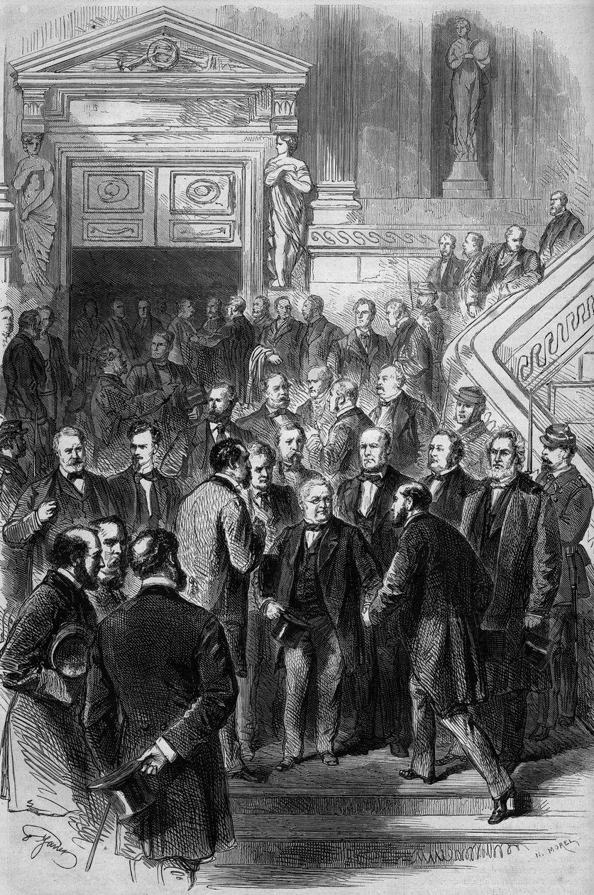 1870年的战争。议会主席阿道夫-梯也尔（1797-1877）在1871年2月19日在波尔多重聚的国民议会上接受了代表们对他获释的祝贺。他刚刚获得了政府的授勋。雕刻在 "Le Mo "上 作者 法语学校