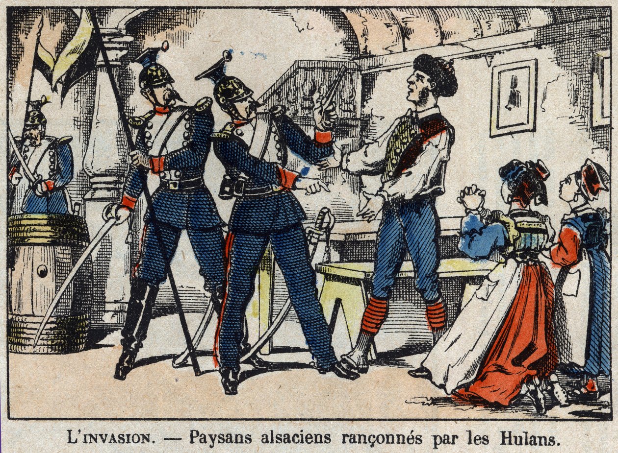 1870年法国和普鲁士之间的战争。阿尔萨斯的农民被胡兰人（Uhlans，Houlans）放逐到埃皮纳尔的画面。 作者 法语学校