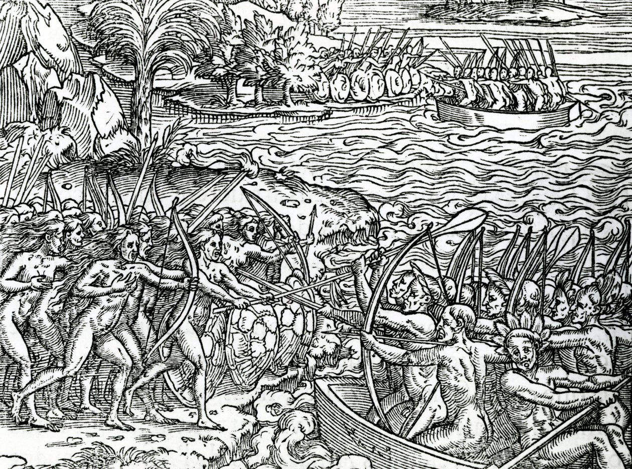 战争场面，巴西，插图来自“法国Antarctique的奇点”，作者：Andre de Thevet，1558年 作者 法语学校