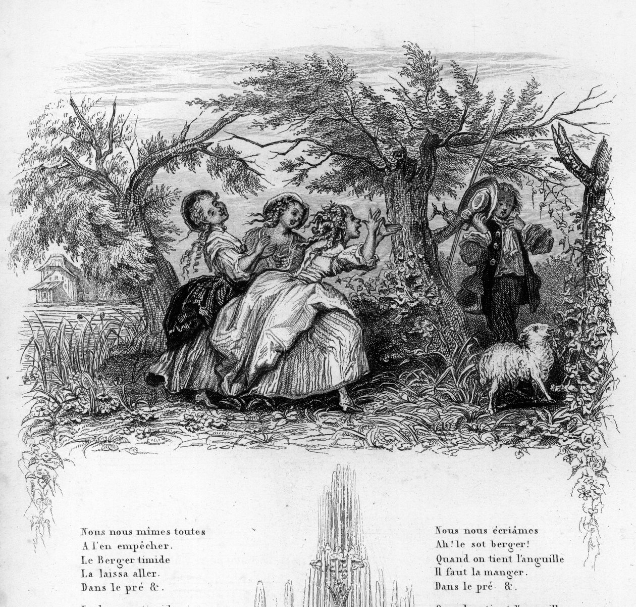 We were three girls. Three girls playing with a shepherd and making him uncomfortable. Engraving in “” Chants et chansons populaire de la France””, Tome 2 作者 法语学校