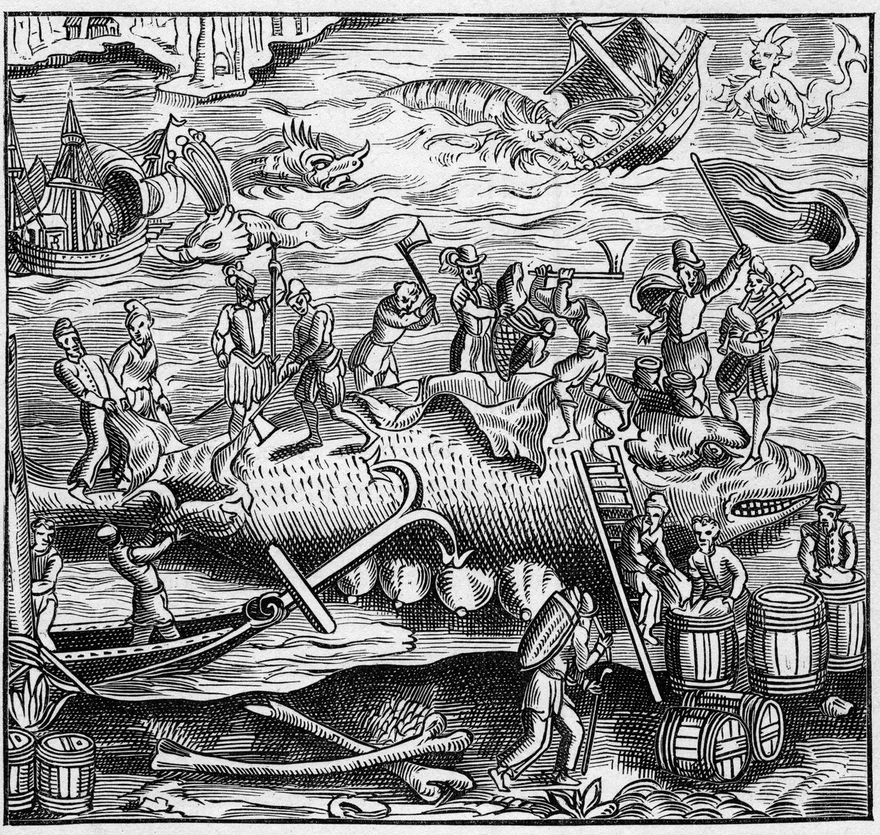 Whale fishing on the French coast of the Atlantic Ocean in the Middle Ages. Engraving In “La Marine et les colonies: commerce” 作者 法语学校