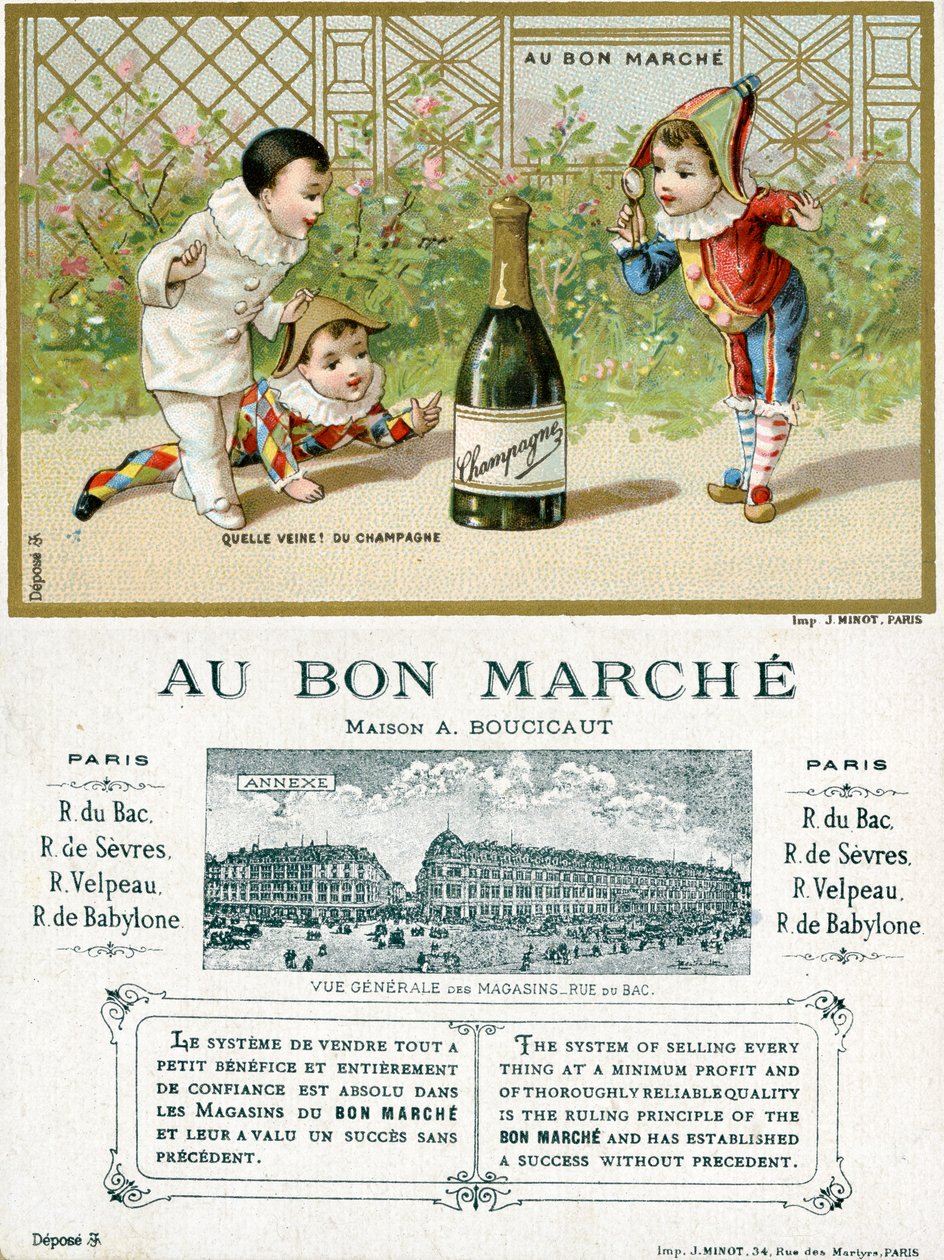 运气好！一瓶香槟;正面和反面的巴黎BonMarché百货商店的促销卡，c.1895 作者 法语学校
