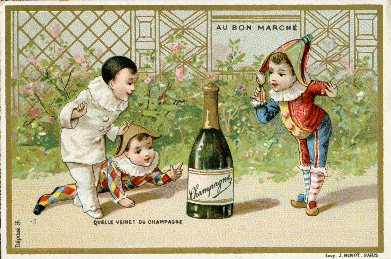 运气好！一瓶香槟，巴黎百货商店的促销卡AuBonMarché，c.1895（另见488428） 作者 法语学校