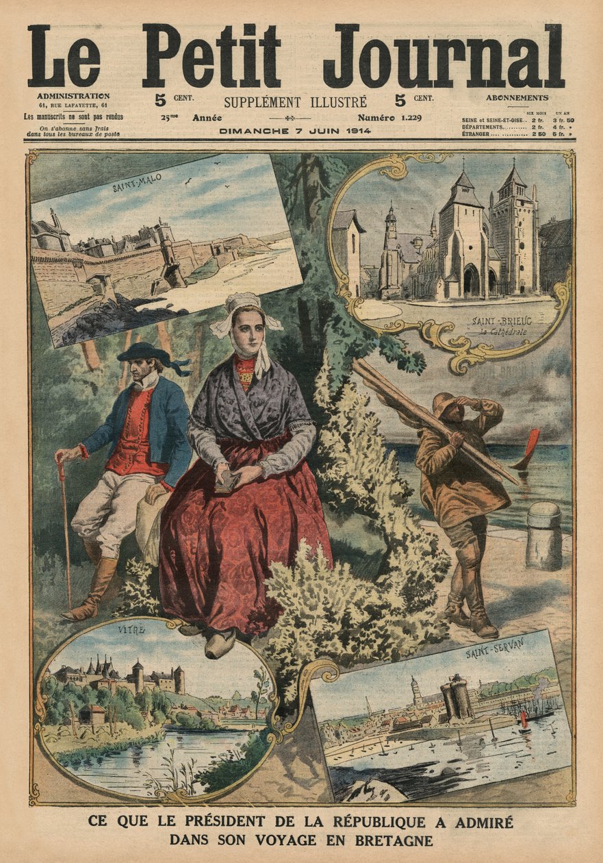 共和国总统在布列塔尼旅行期间所钦佩的，“Le Petit Journal”的封面插图，补充说明，1914年6月7日 作者 法语学校