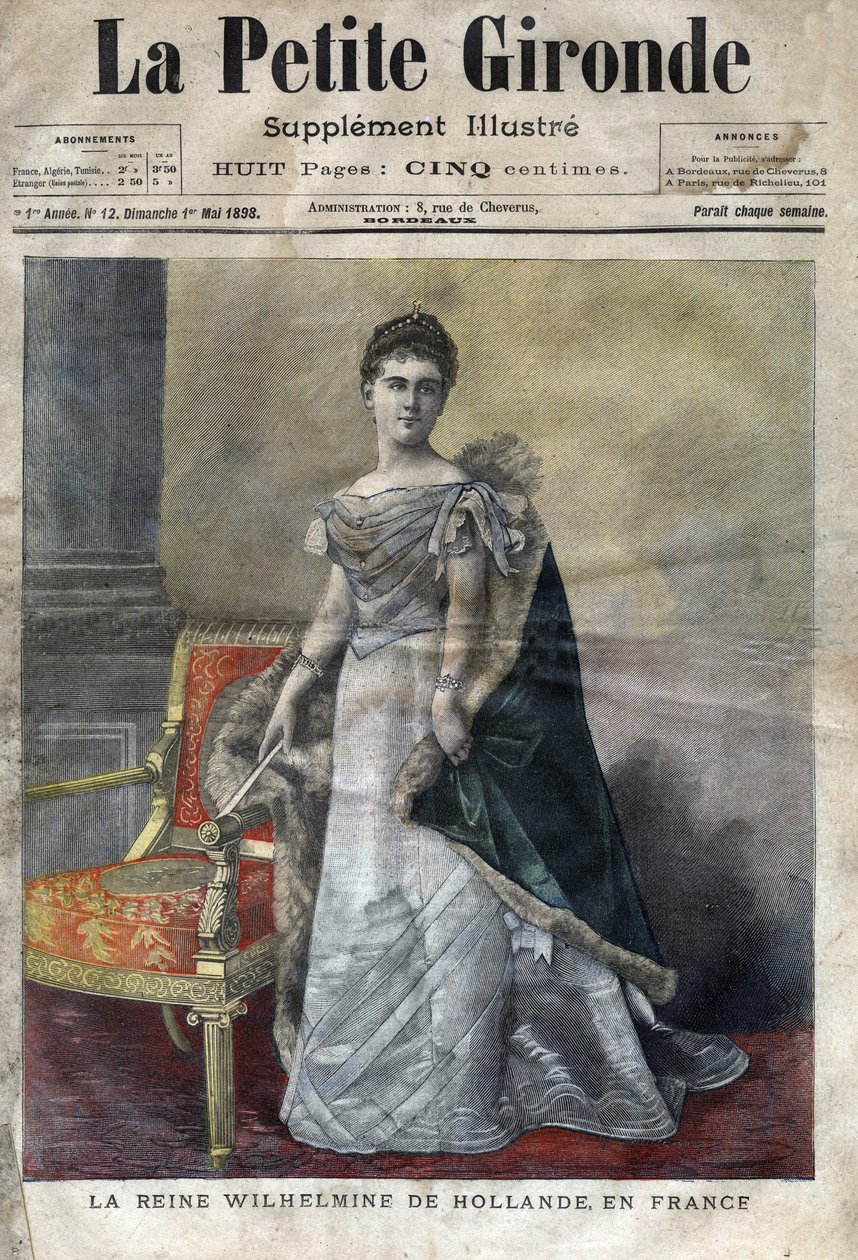 奥兰治-拿骚的威廉敏（1880-1962），1890年至1948年的荷兰女王，威廉三世的女儿，她退位给她的女儿朱莉安娜。1898年5月的《小吉伦特》封面（雕刻）。 作者 法语学校
