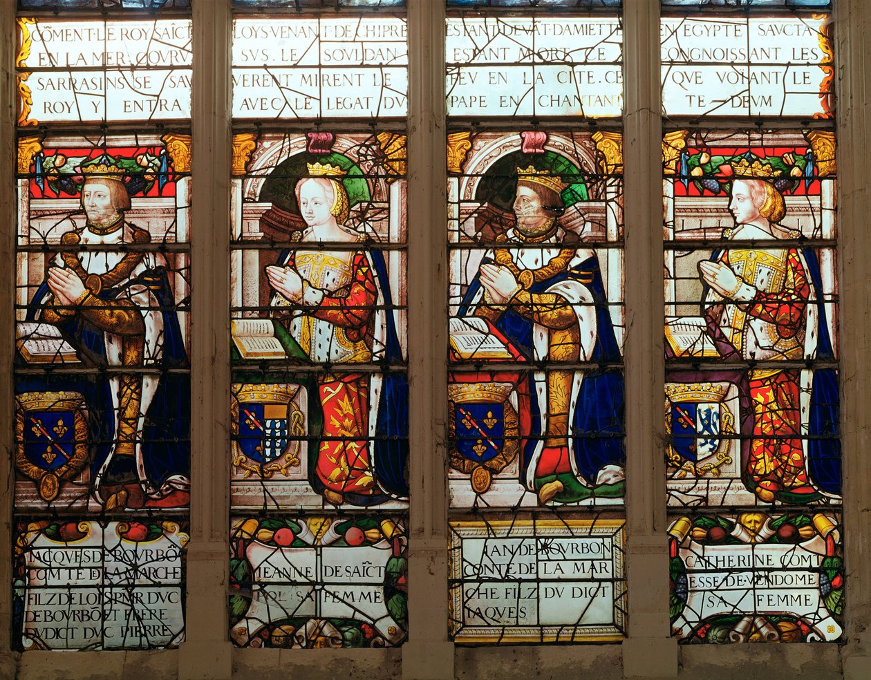 窗口描绘Jacques de Bourbon（1315-61）3月份的伯爵，Jeanne de Chatillon-Saint-Pol（d.1371）波旁的约翰一世（1361-94）和旺多姆伯爵夫人凯瑟琳 作者 法语学校