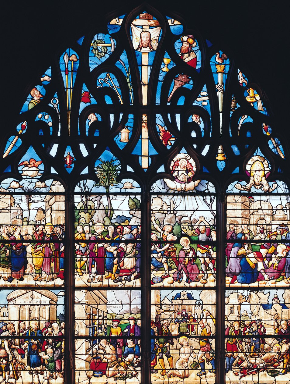 窗口描绘了圣斯蒂芬和圣劳伦斯的生活场景，来自Chapelle Bonne-Mort 作者 法语学校