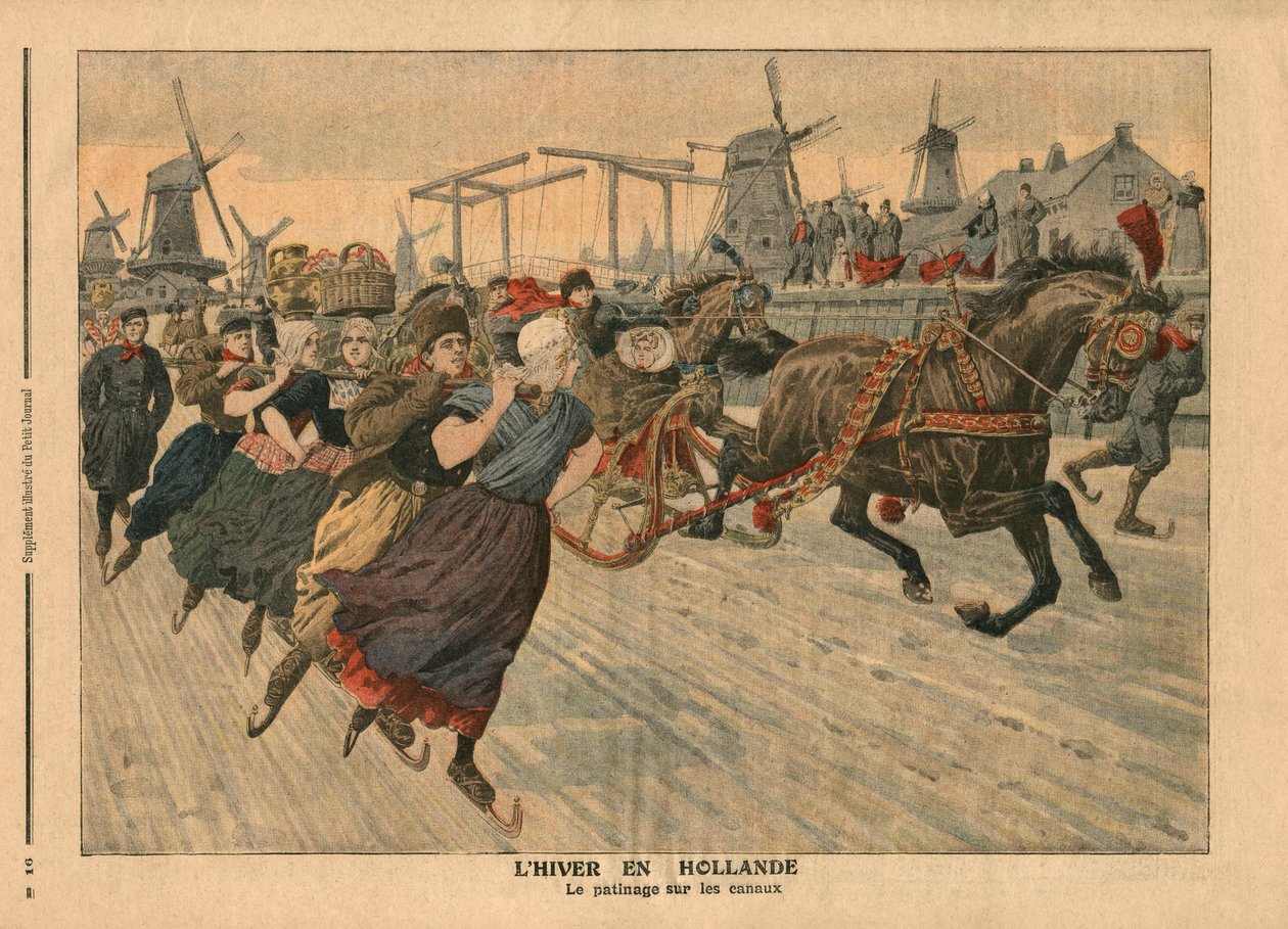 荷兰的冬天，在运河上滑冰，插图来自&39;Le Petit Journal&39;，补充illustre，1907年1月13日（彩色光刻） 作者 法语学校