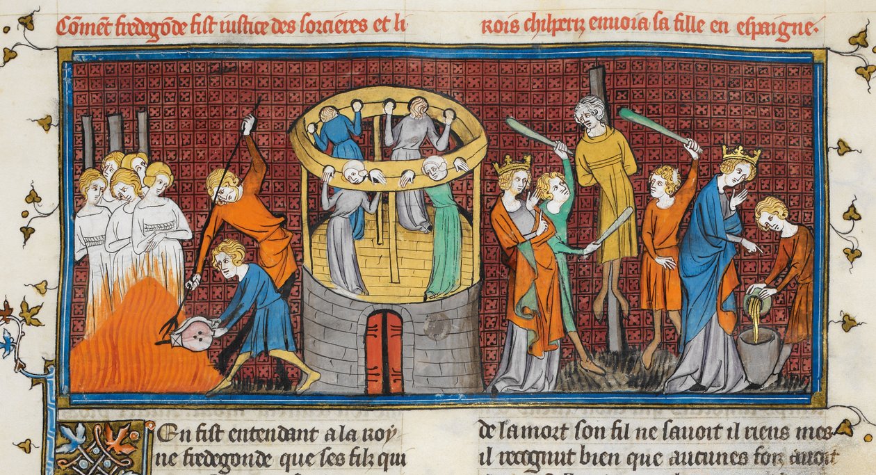 焚烧女巫，出自《法国大纪元》，MS Royal 16 G VI f. 64。 作者 法语学校