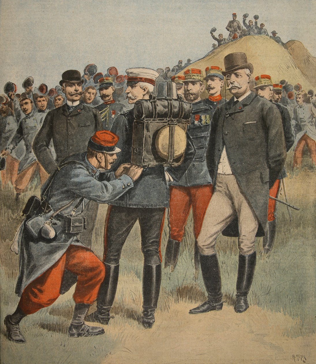 随着军队的演习：康诺公爵测试一名士兵的包，来自Le Petit Journal：Supplement illustre，1898年10月2日的插图 作者 法语学校