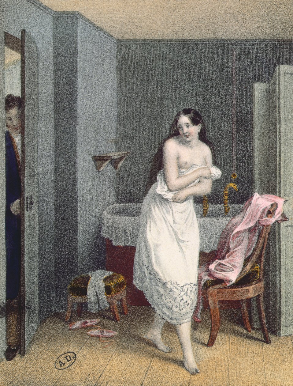 女人离开她的浴，1825年 作者 法语学校