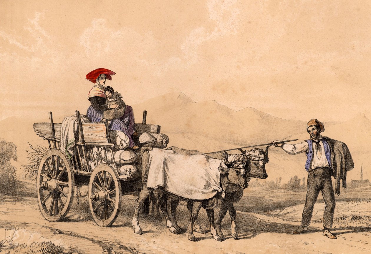 妇女和儿童穿着传统服饰骑在装满麻袋车的购物车上，约1840年 作者 法语学校