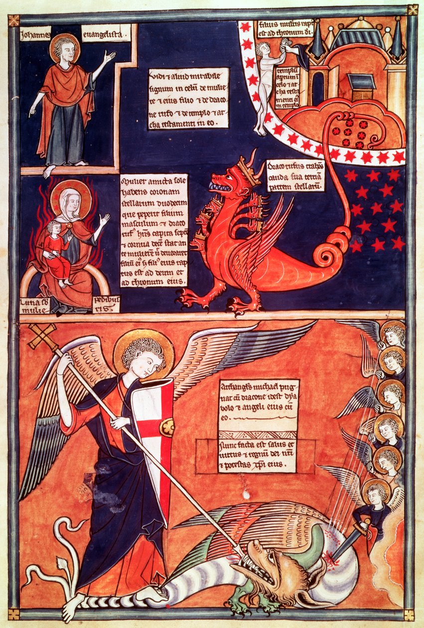 启示录被七头龙和圣迈克尔杀死龙的女人，来自Liber Floridus by Lambert de Saint-Omer，c.1120 作者 法语学校