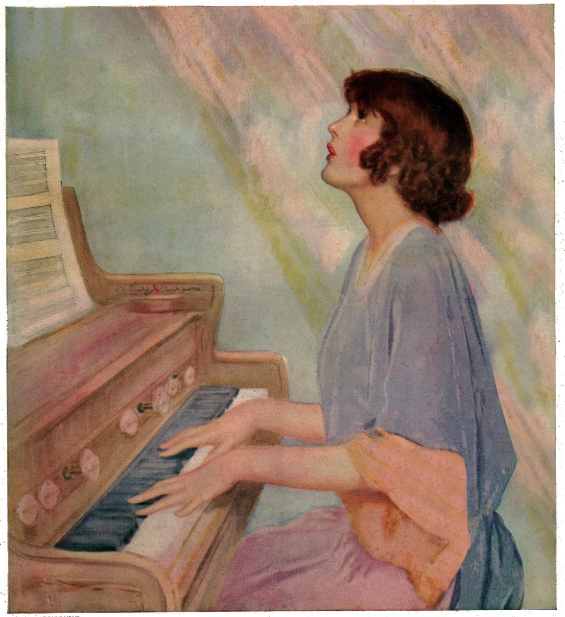 弹奏风琴的女人。1924年（雕版画） 作者 法语学校