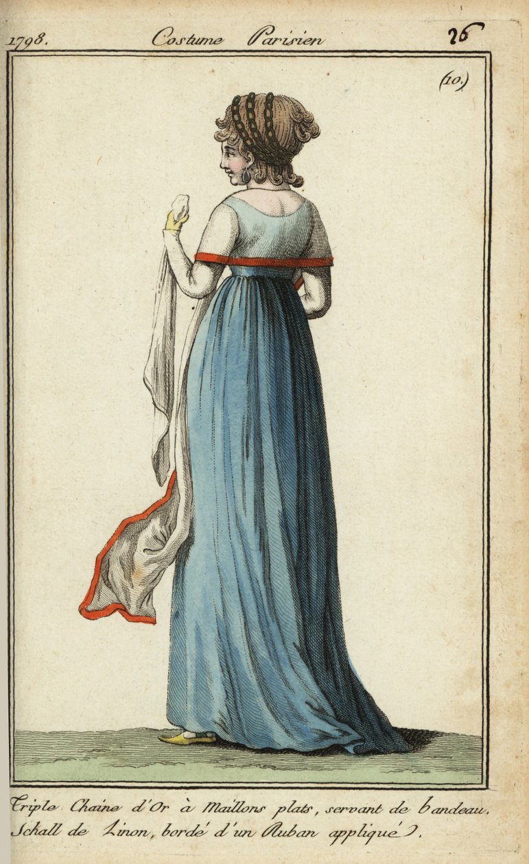 1798年时尚的披肩女子（手绘铜版画）。 作者 法语学校